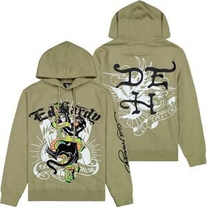 Ed Hardy Men's Hoodie Panther Snake Fleece Pullover Sweatshirt in Olive